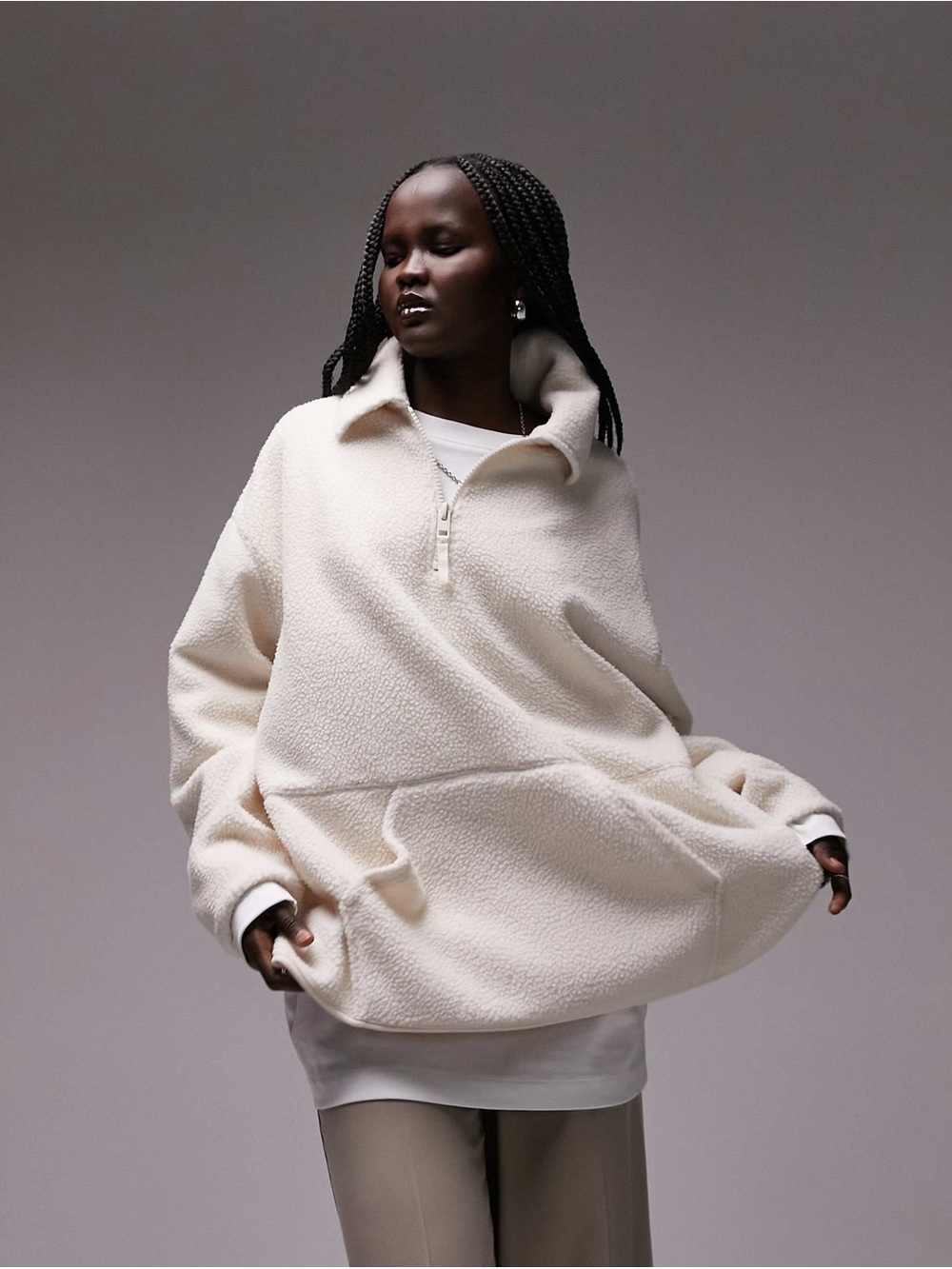 Topshop Women’s Ecru Sherpa Half-Zip Pullover Size US12 UK Large